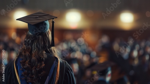 From the back, a graduate in a cap and gown looks out over a crowd of peers, illuminated by ambient light The focus is on the anticipation of a new journey