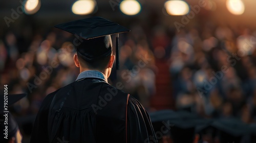 A solemn graduate in cap and gown stands facing a sunlit crowd of fellow students during a graduation ceremony
