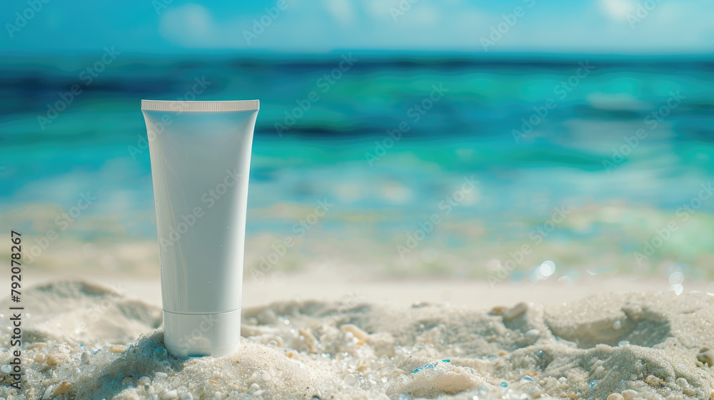 Sunscreen lotion tube on sandy beach, ocean in background with empty space. Summer skin protection concept, sunblock cream for safe sunbathing, beach holiday essentials. Ai generation Sunscreen lotion tube on sandy beach, ocean in background with empty space. Summer skin protection concept, sunblock cream for safe sunbathing, beach holiday essentials. Ai generation