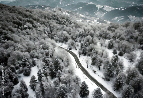'snow road Serino Aerial Terminio Avellino view wintertime serpentine Irpinia crossing Italy Campania forest Mount Aerial Landscape View Overhead Snow Travel Background Pattern Abstract Nature Winter' photo