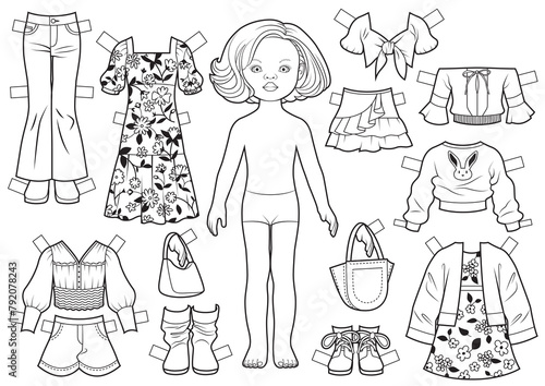 Coloring page with paper doll with set of clothes. Different fashion outfits, shoes and accessories. Black and white vector Illustration.