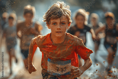 Enthusiastic youths racing around a track  pushing their limits and striving for personal bests in track and field events. Concept of junior athletics. Generative Ai.