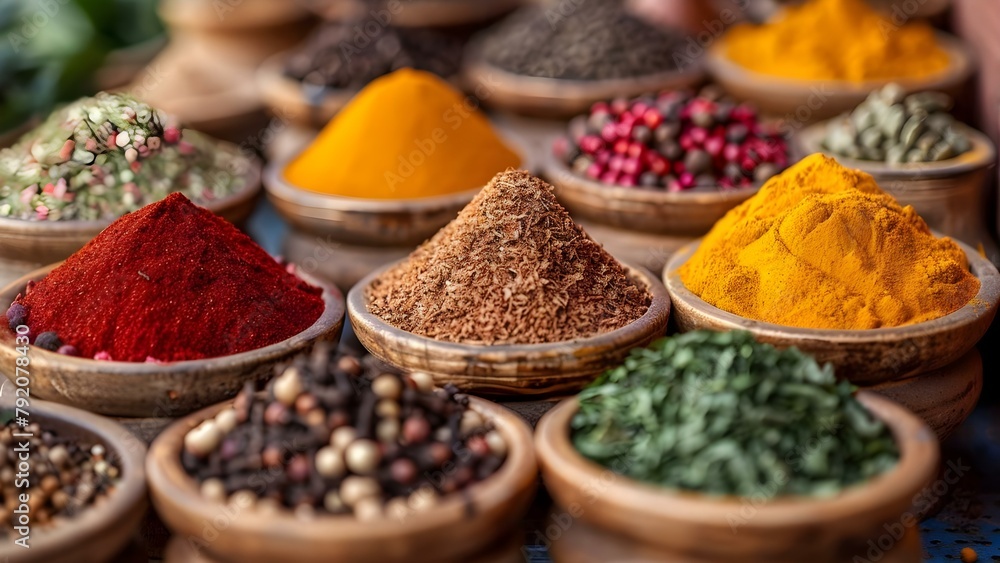 Exploring a Colorful Moroccan Spice Stall in the Bustling Marrakech Market. Concept Moroccan Spices, Marrakech Market, Exotic Flavors, Street Food, Bustling Souk