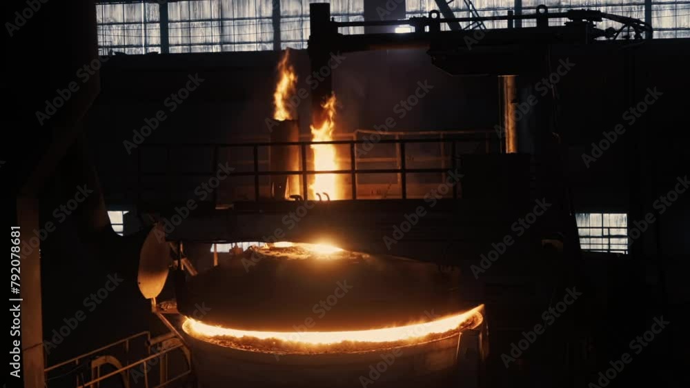 Scrapping Metal is Burning Bright Fire Flame Against the Black Background. Metal Casting and Production Plant. Industrial Oven. Furnace. Heavy industry. Metallurgy. Wide Shot. Slow Motion Scrapping Metal is Burning Bright Fire Flame Against the Black Background. Metal Casting and Production Plant. Industrial Oven. Furnace. Heavy industry. Metallurgy. Wide Shot. Slow Motion