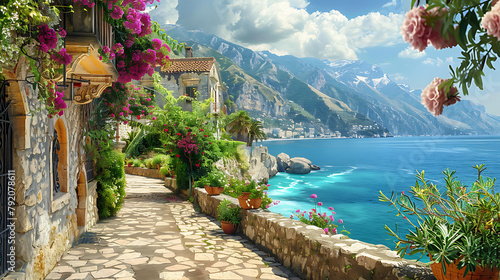 A charming stone pathway, adorned with vibrant pink flowers and lush greenery, leads our gaze