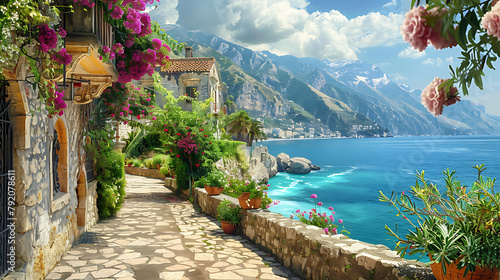 A charming stone pathway  adorned with vibrant pink flowers and lush greenery  leads our gaze