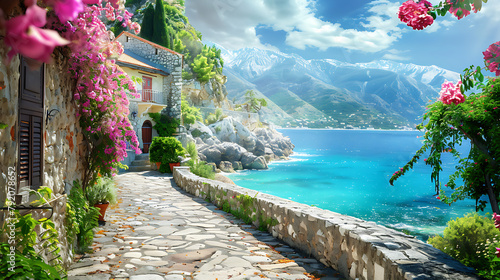 A charming stone pathway, adorned with vibrant pink flowers and lush greenery, leads our gaze