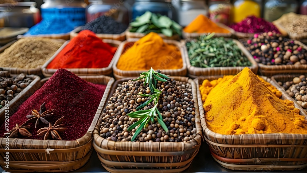 Exploring a Colorful Moroccan Spice Stall in Marrakech Market with Exotic Herbs and Spices. Concept Travel, Marrakech, Spice Market, Photography, Exotic Herbs