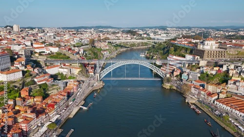 Aerial view of historic European city Porto with Luis I Bridge over Douro river in Portugal photo