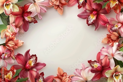 A serene and beautifully designed frame of various vibrant orchid flowers with ample space for text or design elements in the center