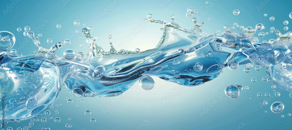 Blue Background, Dynamic Water Wave and Bubbles