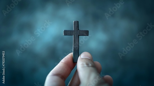 Hand holding black wooden cross symbol on blurred background