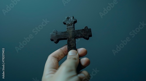 Hand holding black wooden cross symbol on blurred background