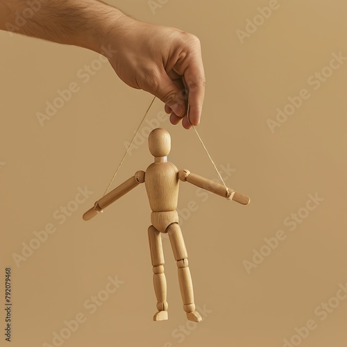 wooden puppet figure is hanging from the hand of an adult manipulating