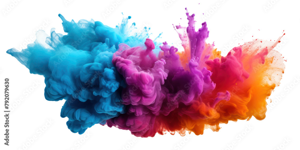 Colorful Ink Clouds. Explosive Color Burst of Blue, Purple, Orange. Abstract Swirl Isolated on White Background. Generative AI