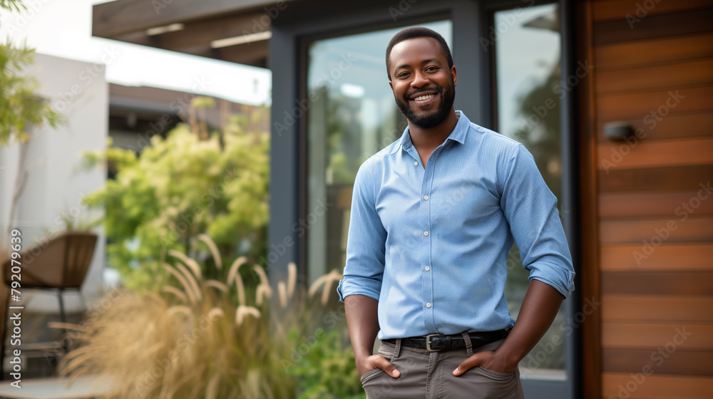 Confident Homeowner Standing in Front of Modern House. Smiling Man in Casual Business Attire Outside Contemporary Home Confident Homeowner Standing in Front of Modern House. Smiling Man in Casual Business Attire Outside Contemporary Home