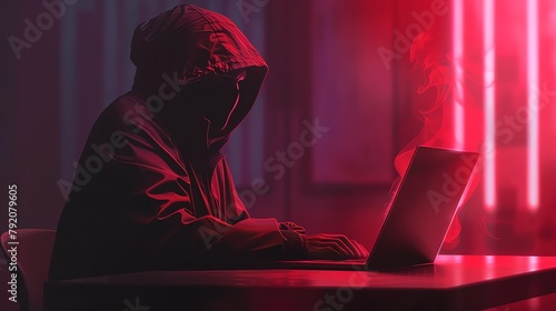 Hacker Silhouette with Laptop in Red Neon Cybersecurity Concept