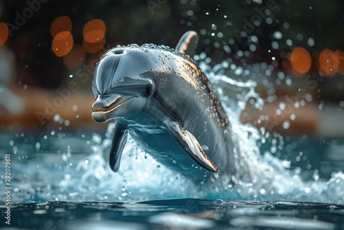 A dolphin leaping from the water during a marine mammal show, captivating audiences with its intelligence and grace. Concept of dolphin performance in aquatic entertainment. Generative Ai.