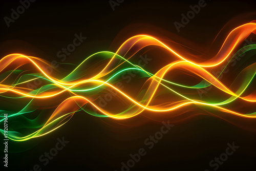 Electric neon waves with orange and green glowing streaks. Mesmerizing abstract art on black background.