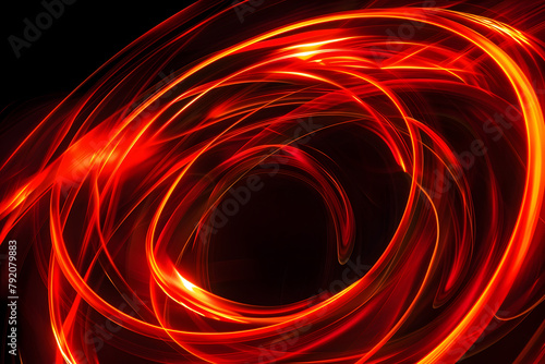 Luminous neon swirls in shades of red and orange. Energetic abstract art on black background.