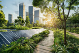 Urban sustainable design, solar panels powering city walkways amidst greenery