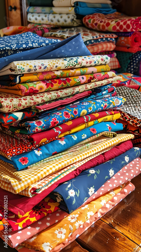A Diverse Array of Colorful Quilting Fabric in Variety of Patterns and Textures Serenely Arranged on a Wooden Table