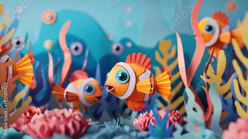 A vibrant underwater scene featuring paper art style fish and coral reefs, showcasing the beauty and diversity of ocean life in a whimsical fashion © Matthew