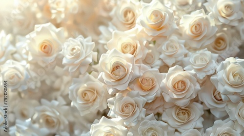 A stunning close-up image showcasing a beautiful array of delicate white roses with a soft-focus background, perfect for a serene and elegant visual