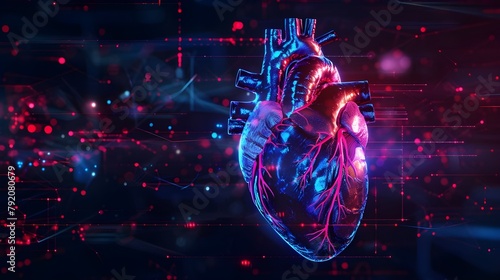 futuristic abstract low poly illustration of a human heart isolated on dark blue background, polygons, particles, lines, code and connected points, technology and medicine concept. photo