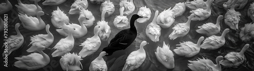 The solitary black duck amidst a sea of white, symbolizing societal ostracization at dusk. A lone black duck stands among a crowd of white ones, encapsulating the struggles of being an outcast photo