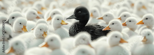 The outcast duck. A striking black duck stands out among a group of pristine white ducks, highlighting the theme of being different in a society that values conformity