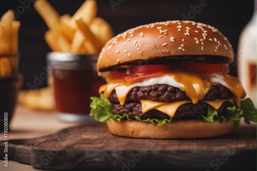 'burger fries wooden french fast food bun cheese cheeseburger classic eat fresh hamburger isolated ketchup lettuce meal meat minced onion salad sandwich sesame snack tomatoes vegetable' photo
