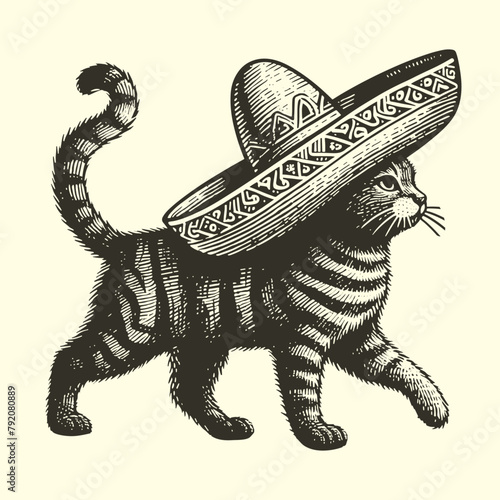 walking cat in sombrero illustration © Satoru Sketches