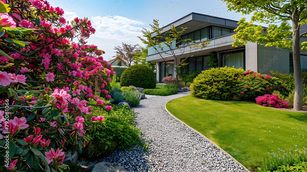 a meticulously landscaped garden, adorned with vibrant flowers, manicured shrubs, and a stone pathway leading to a modern house