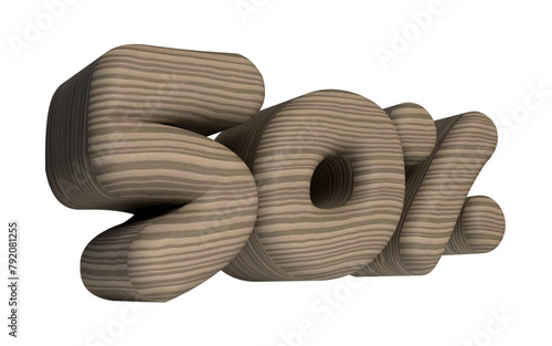 Isolated Wooden Golden Jubilee Mark or Number 50 in 3D on White Background, Larger than Life, 3D illustration.