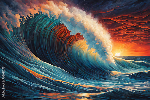 beautiful sunset centered on abstract large sea wave, symmetry painted intricate volumetric lighting creative photo