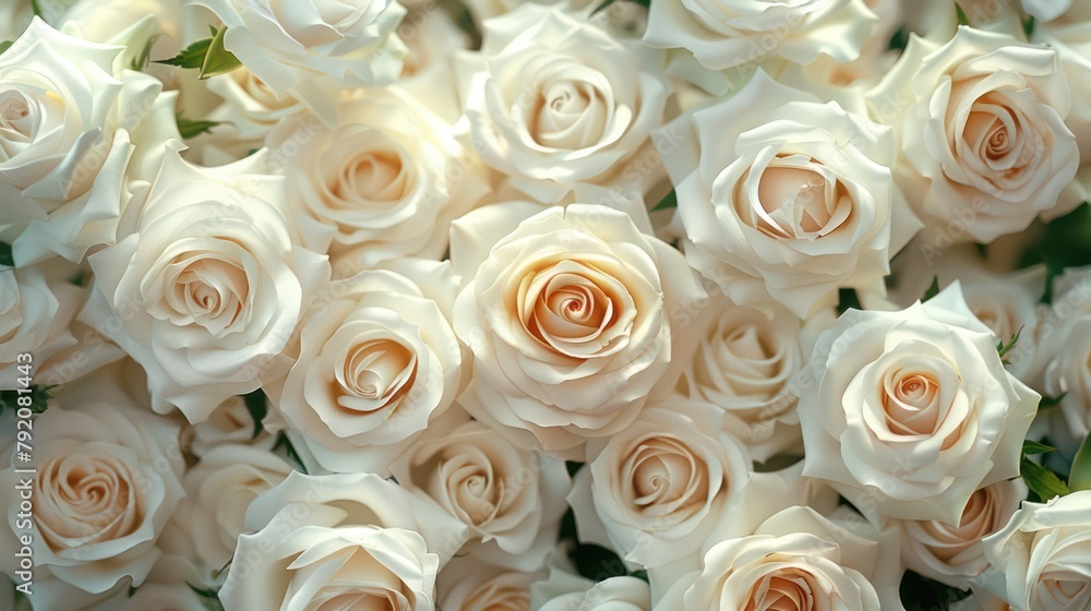 A detailed view of a beautiful bouquet of white roses, symbolizing purity, innocence, and reverence, perfect for weddings or romantic occasions A detailed view of a beautiful bouquet of white roses, symbolizing purity, innocence, and reverence, perfect for weddings or romantic occasions
