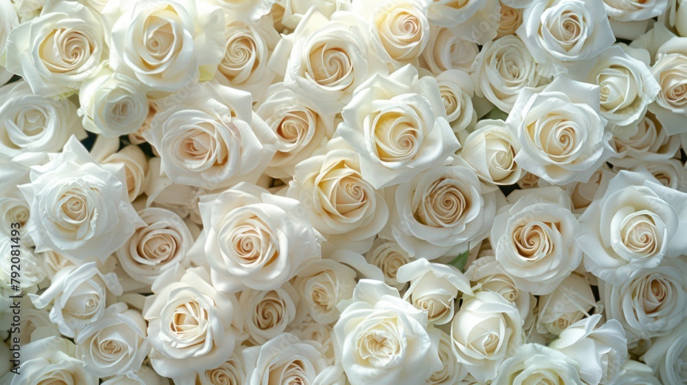 An extensive close-up of a beautiful and dense bouquet of fresh white roses, with a soft focus on the delicate petals An extensive close-up of a beautiful and dense bouquet of fresh white roses, with a soft focus on the delicate petals