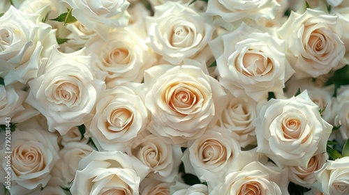 A detailed view of a beautiful bouquet of white roses, symbolizing purity, innocence, and reverence, perfect for weddings or romantic occasions