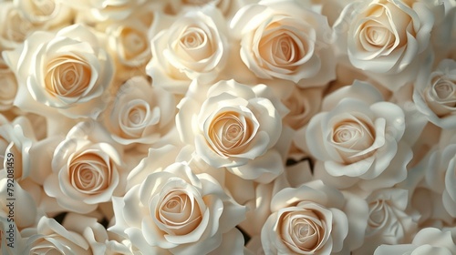 This image captures a beautiful array of white roses in a close-up shot, accentuated by soft lighting that highlights the delicate petals