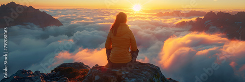 Woman enjoys a spectacular sunrise amidst majestic mountains in summertime. #792081463