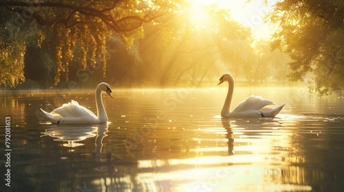 Two swans are swimming in a lake