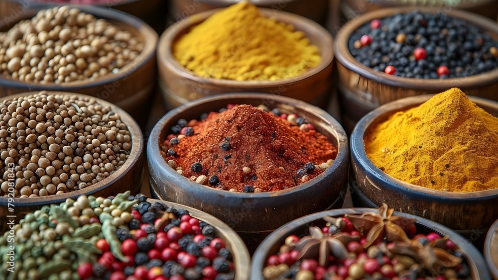 Find a variety of traditional spices at a local market bazaar. Concept Local Market, Traditional Spices, Bazaar, Flavorful Ingredients, Culinary Exploration