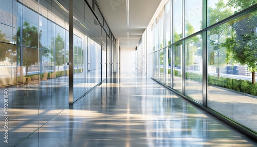 Envision a bright and elegant glass office corridor  where every detail from the polished concrete flooring to the window reflections is meticulously crafted.