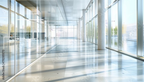 Envision a bright and elegant glass office corridor  where every detail from the polished concrete flooring to the window reflections is meticulously crafted.