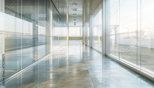 Envision a bright and elegant glass office corridor, where every detail from the polished concrete flooring to the window reflections is meticulously crafted.