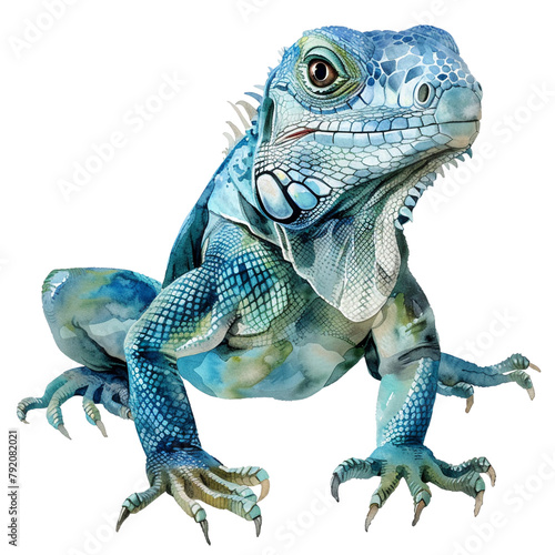A blue lizard with green spots is standing on its hind legs