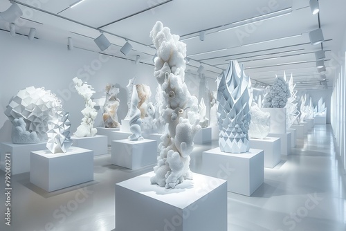 Futuristic Ceramic Sculptures in a White Cube Gallery with High-Contrast Lighting - This prompt illustrates a white cube gallery filled with futuristic ceramic sculptures.