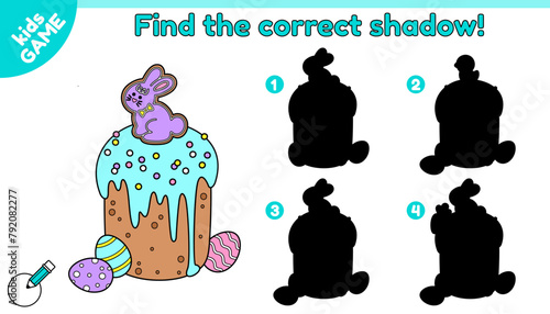 Educational kids Easter game. Find the correct shadow. Cartoon Easter cake with gingerbread rabbit, painted eggs. Traditional kulich for spring holiday. Activity book for children. Vector illustration
