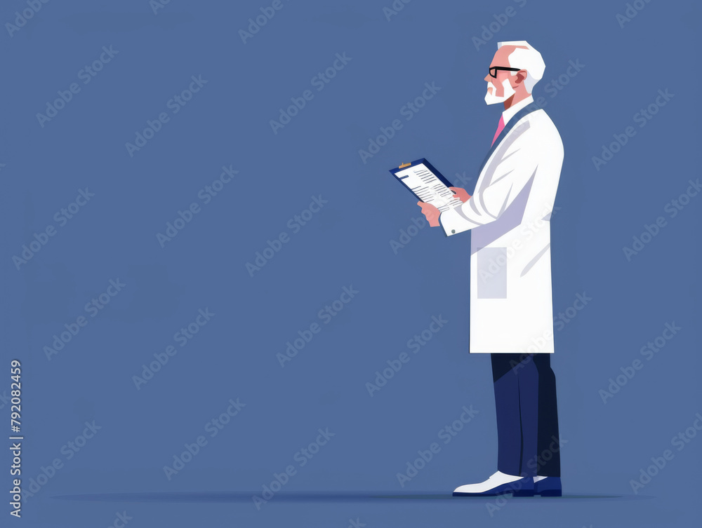 Illustration of an endocrinologist in a lab coat standing with a clipboard on a blue background. Illustration of an endocrinologist in a lab coat standing with a clipboard on a blue background.